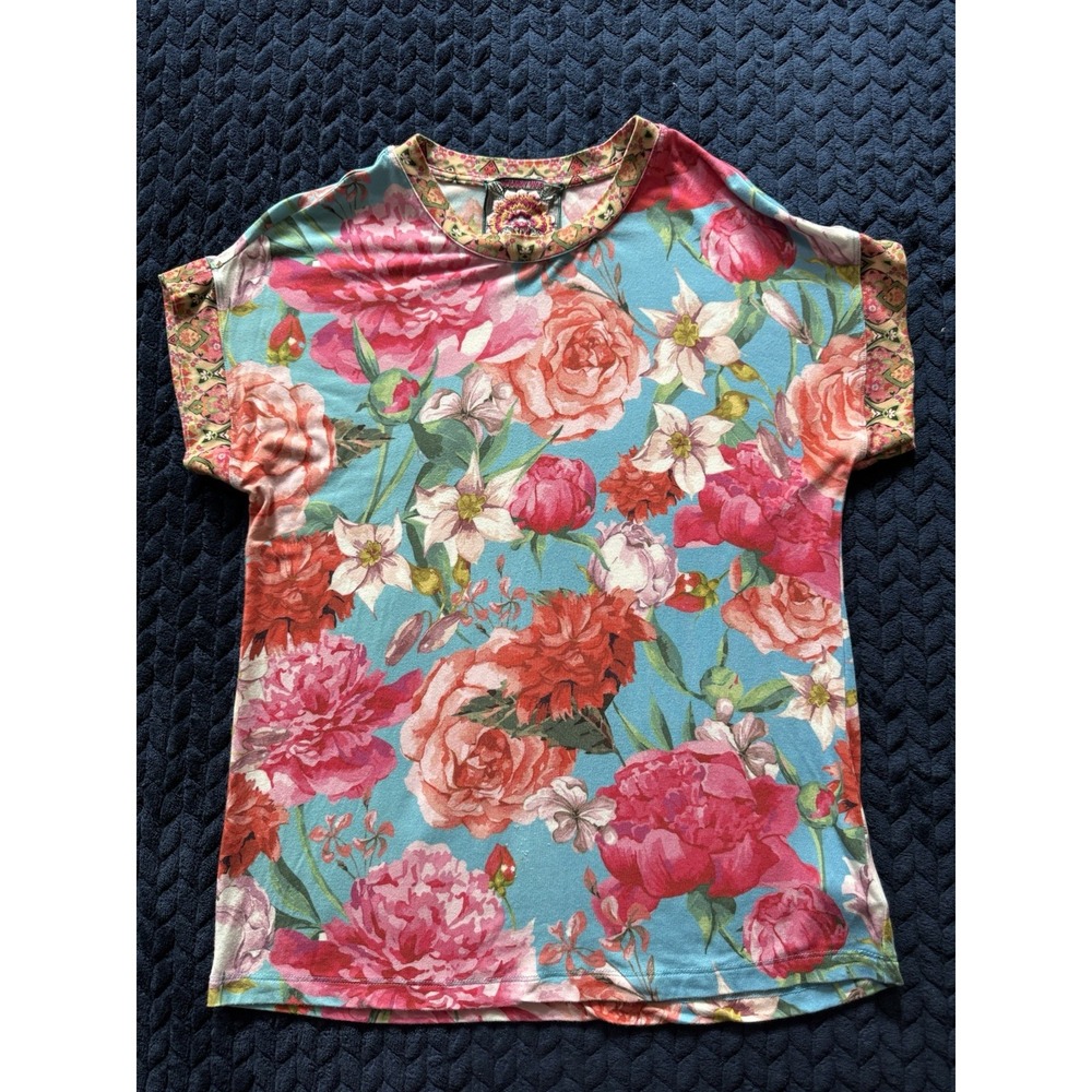 Johnny Was Pink Rose Relaxed Short Sleeve Tee Boho Chic Size 2XSmall